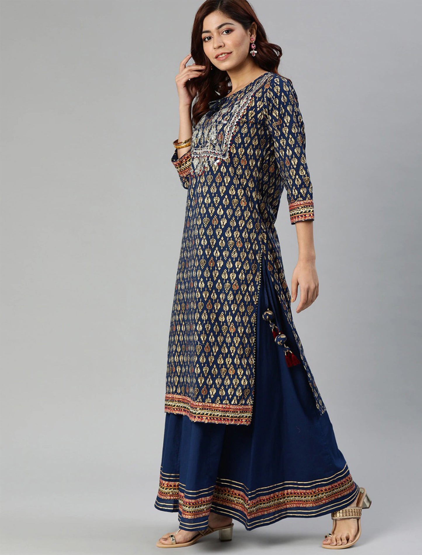 Navy Blue & Gold-Coloured Printed Cotton Kurta with Sharara For Women | Free Hand-Beaded Unicorn Patch ₹572