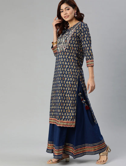 Navy Blue & Gold-Coloured Printed Cotton Kurta with Sharara For Women