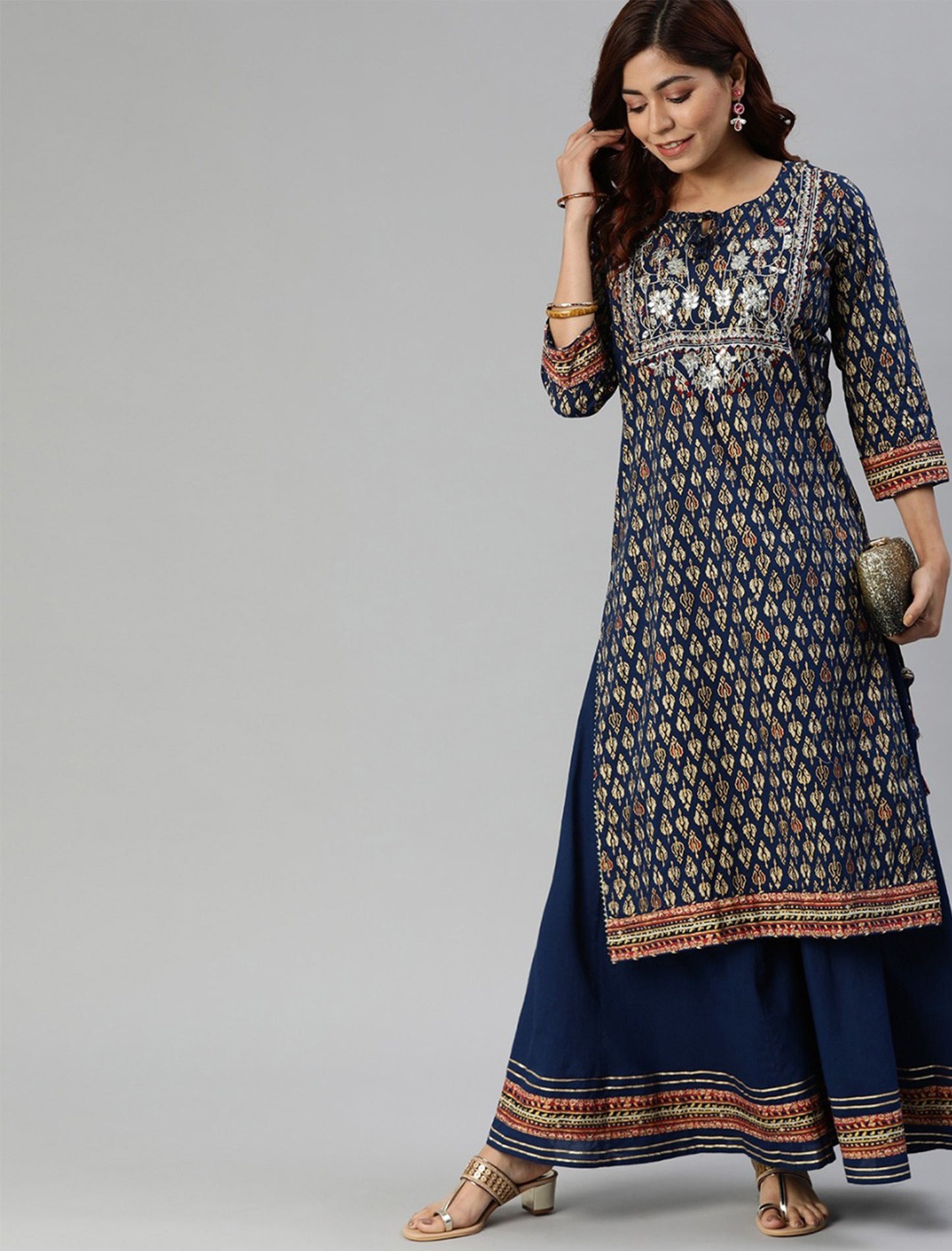 Navy Blue & Gold-Coloured Printed Cotton Kurta with Sharara For Women | Free Hand-Beaded Unicorn Patch ₹572