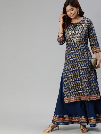 Navy Blue & Gold-Coloured Printed Cotton Kurta with Sharara For Women