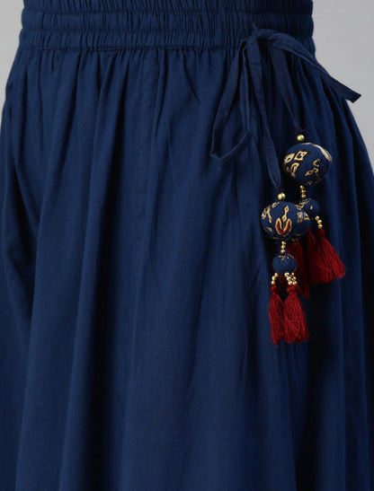 Navy Blue & Gold-Coloured Printed Cotton Kurta with Sharara For Women