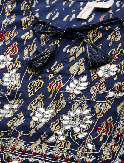 Navy Blue & Gold-Coloured Printed Cotton Kurta with Sharara For Women