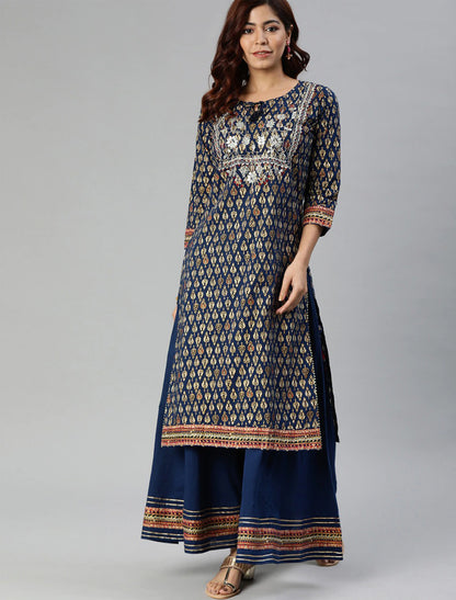 Navy Blue & Gold-Coloured Printed Cotton Kurta with Sharara For Women