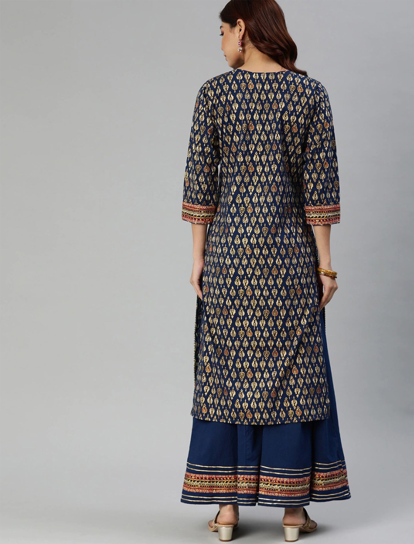 Navy Blue & Gold-Coloured Printed Cotton Kurta with Sharara For Women | Free Hand-Beaded Unicorn Patch ₹572