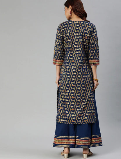 Navy Blue & Gold-Coloured Printed Cotton Kurta with Sharara For Women