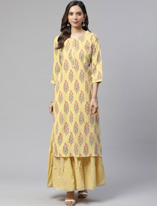 Yellow & Pink Kurta With Sharara Ethnic Motifs Kurta Sets For Women