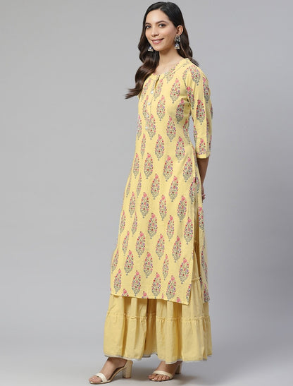 Yellow & Pink Kurta With Sharara Ethnic Motifs Kurta Sets For Women