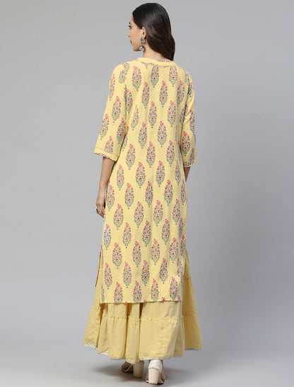 Yellow & Pink Kurta With Sharara Ethnic Motifs Kurta Sets For Women