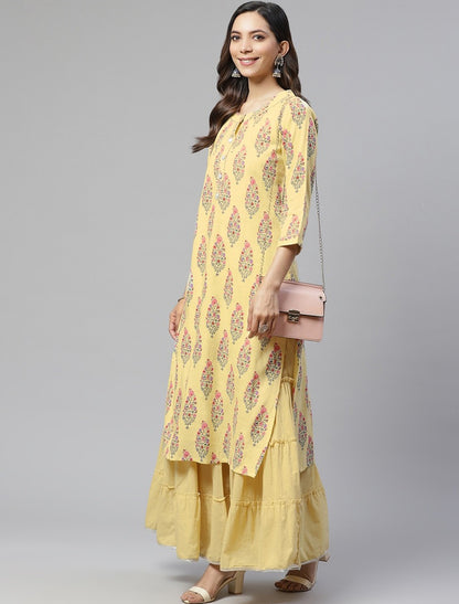 Yellow & Pink Kurta With Sharara Ethnic Motifs Kurta Sets For Women