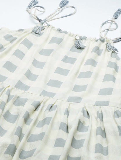 Party Wear Off White & Grey Checked Midi Dress For Women