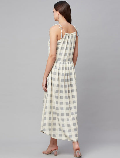 Party Wear Off White & Grey Checked Midi Dress For Women