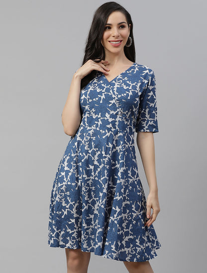 Blue & White Pure Cotton Party Wear Dress For Women