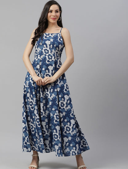 Blue Pure Cotton Floral Print Maxi Party Wear Dress For Women