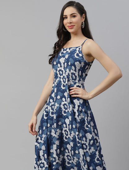 Blue Pure Cotton Floral Print Maxi Party Wear Dress For Women