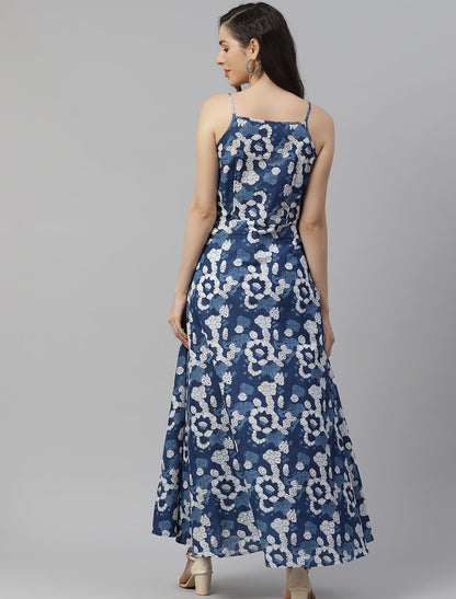 Blue Pure Cotton Floral Print Maxi Party Wear Dress For Women