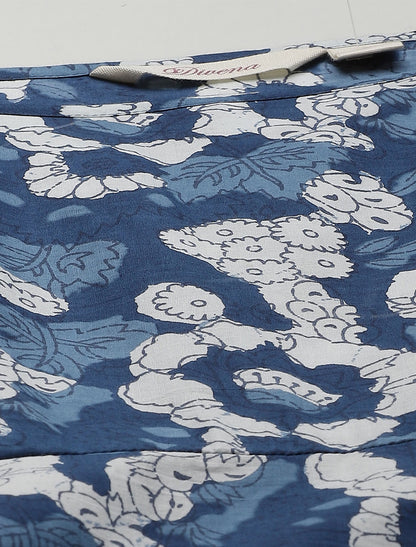 Blue Pure Cotton Floral Print Maxi Party Wear Dress For Women