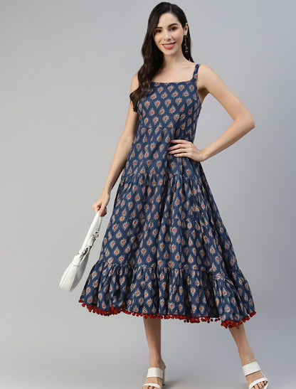 Navy Blue Ethnic Motifs Cotton Midi Party Wear Dress For Women