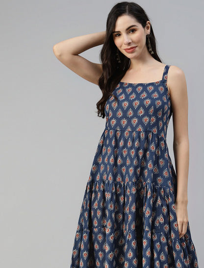 Navy Blue Ethnic Motifs Cotton Midi Party Wear Dress For Women