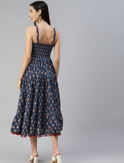 Navy Blue Ethnic Motifs Cotton Midi Party Wear Dress For Women