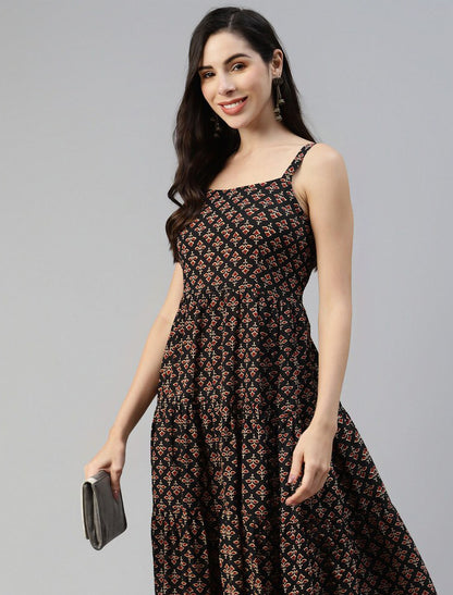 Black Ethnic Motifs Midi Party Wear Dress For Women
