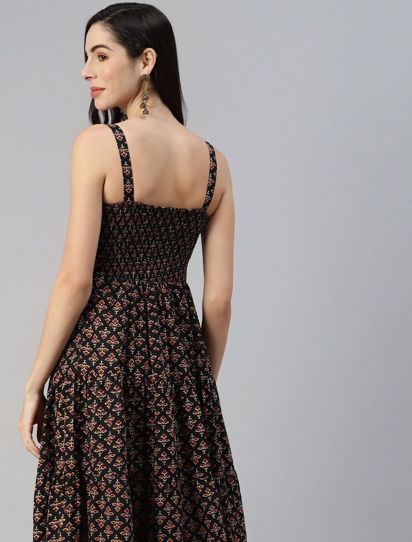 Black Ethnic Motifs Midi Divena Dress For Women