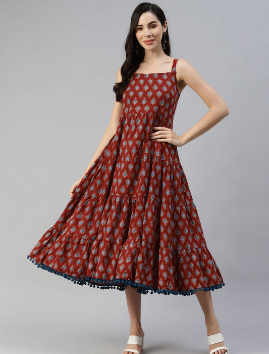 Maroon Ethnic Motifs Shoulder Straps Cotton A-Line Divena Dress For Women