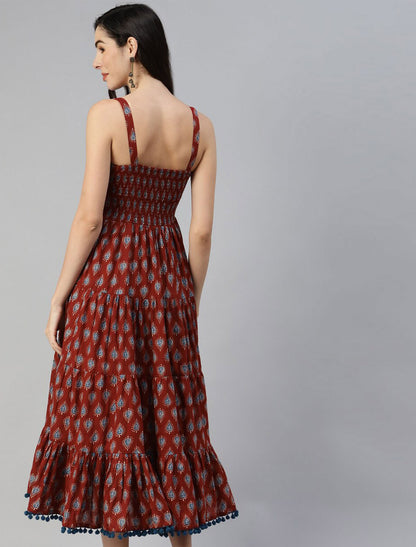 Maroon Ethnic Buti Printed Shoulder Strip Party Wear Long dress
