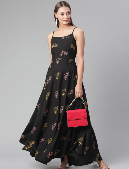 Party Wear Black Floral Shoulder Strap Maxi Dress
