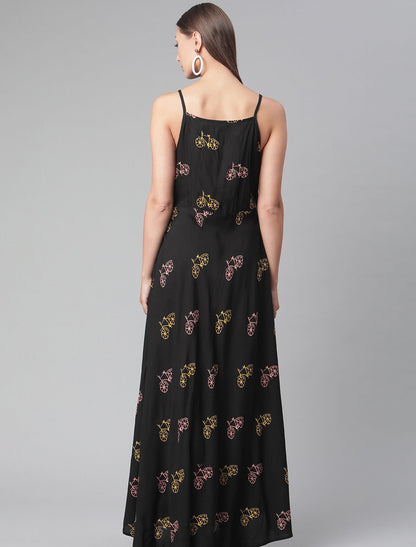 Party Wear Black Floral Shoulder Strap Maxi Dress
