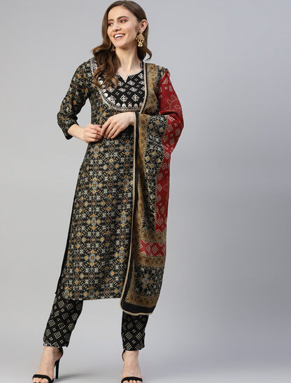 Black Floral Print Thread Work Kurta with Trousers & Dupatta Kurta Sets For Women