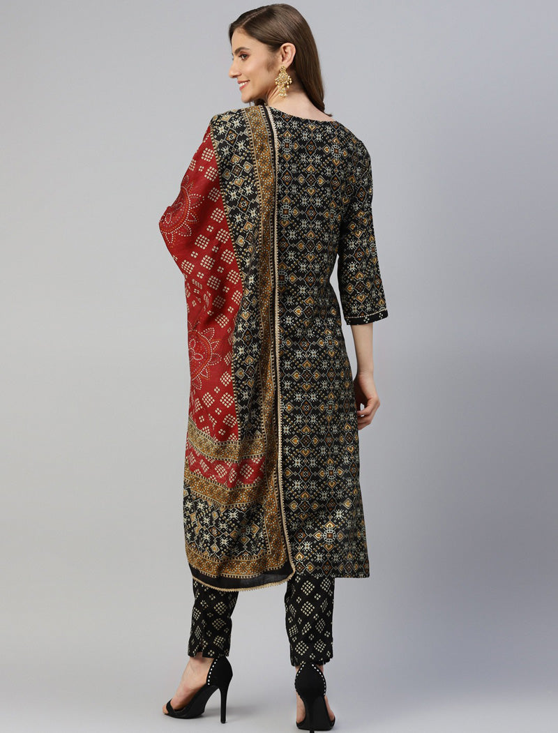 Black Floral Print Thread Work Kurta with Trousers & Dupatta Kurta Sets For Women