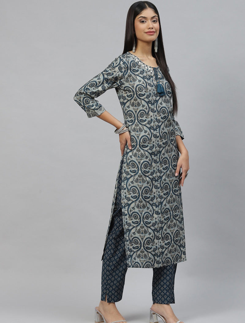 Grey & Navy Blue Ethnic Motifs Printed Kurta with Trousers & Dupatta Kurta Sets For Women