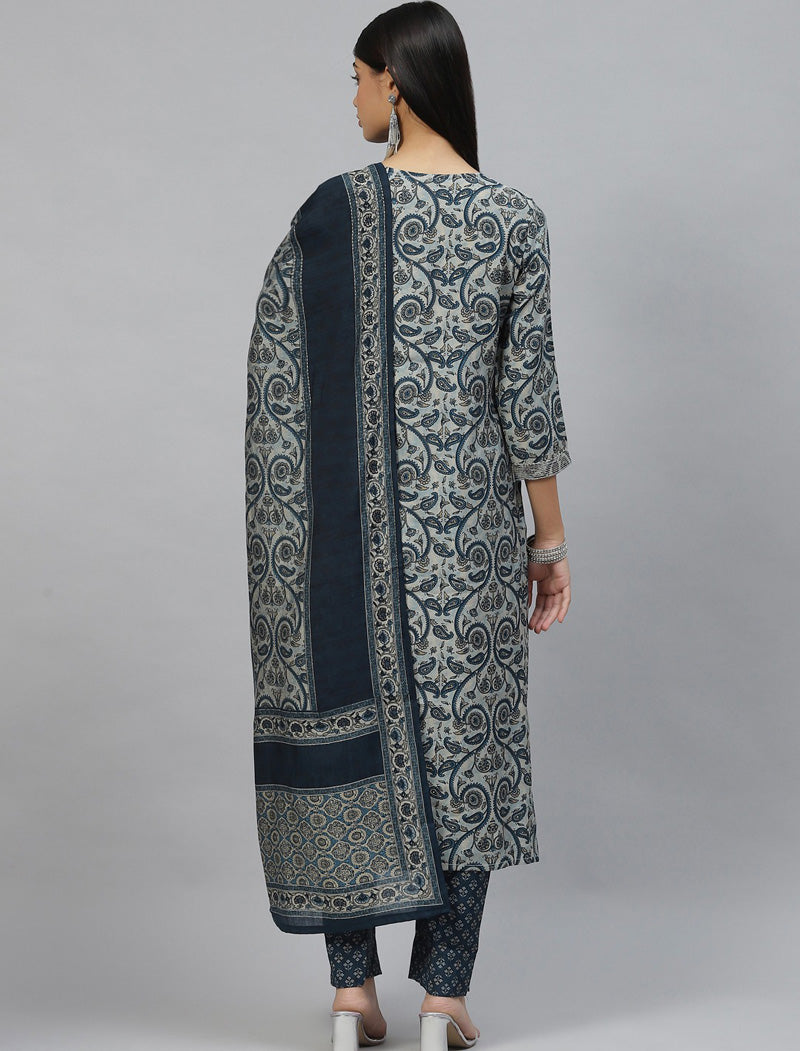 Grey & Navy Blue Ethnic Motifs Printed Kurta with Trousers & Dupatta Kurta Sets For Women