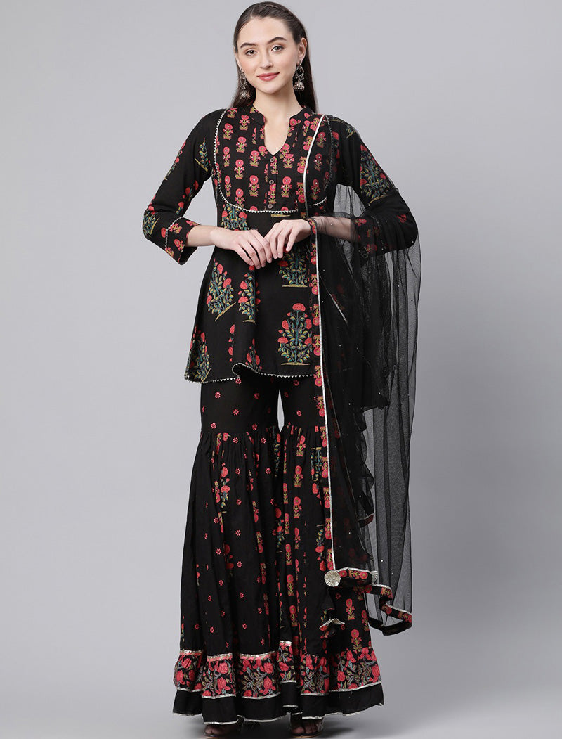 Black Floral Printed Pure Cotton Kurta with Sharara & Dupatta Kurta Sets For Women