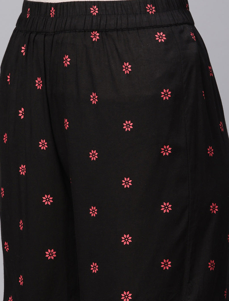 Black Floral Printed Pure Cotton Kurta with Sharara & Dupatta Kurta Sets For Women