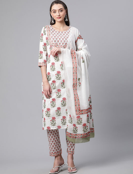 White Floral Printed Pure Cotton Kurta with Trousers & Dupatta Kurta Sets For Women