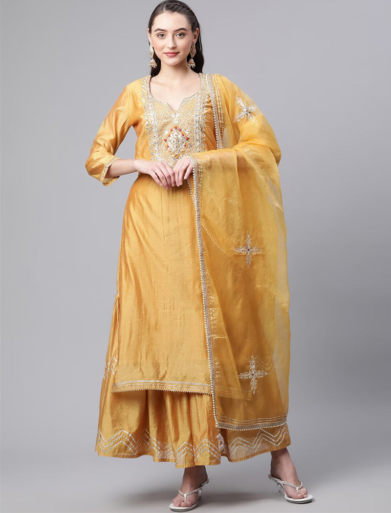 Sweetheart Neck Chanderi Silk Kurta With Sharara & Dupatta Kurta Sets For Women