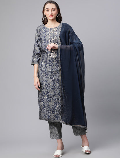 Blue Ethnic Printed Chanderi Silk Kurta Pant Sets With Dupatta