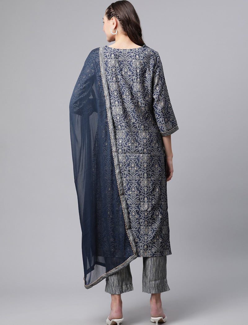 Blue Bandhani Printed Chanderi Silk Kurta with Trousers & Dupatta Kurta Sets For Women