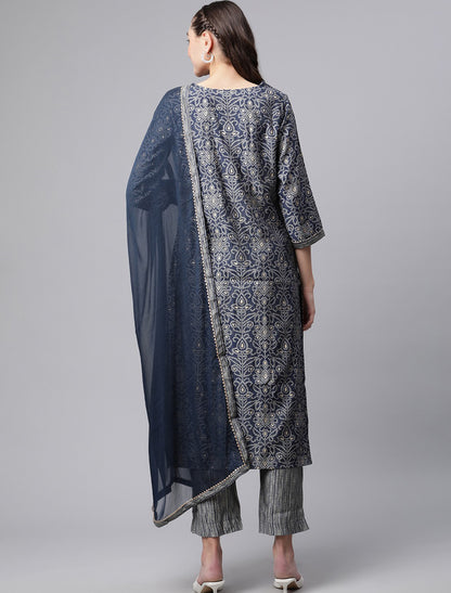 Blue Ethnic Printed Chanderi Silk Kurta Pant Sets With Dupatta