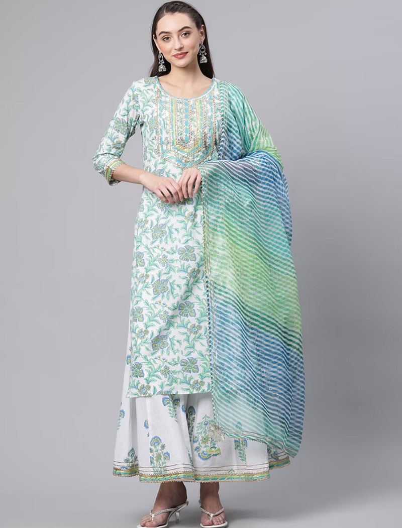 White Floral Printed Pure Cotton Kurta with Palazzos & Dupatta Kurta Sets For Women