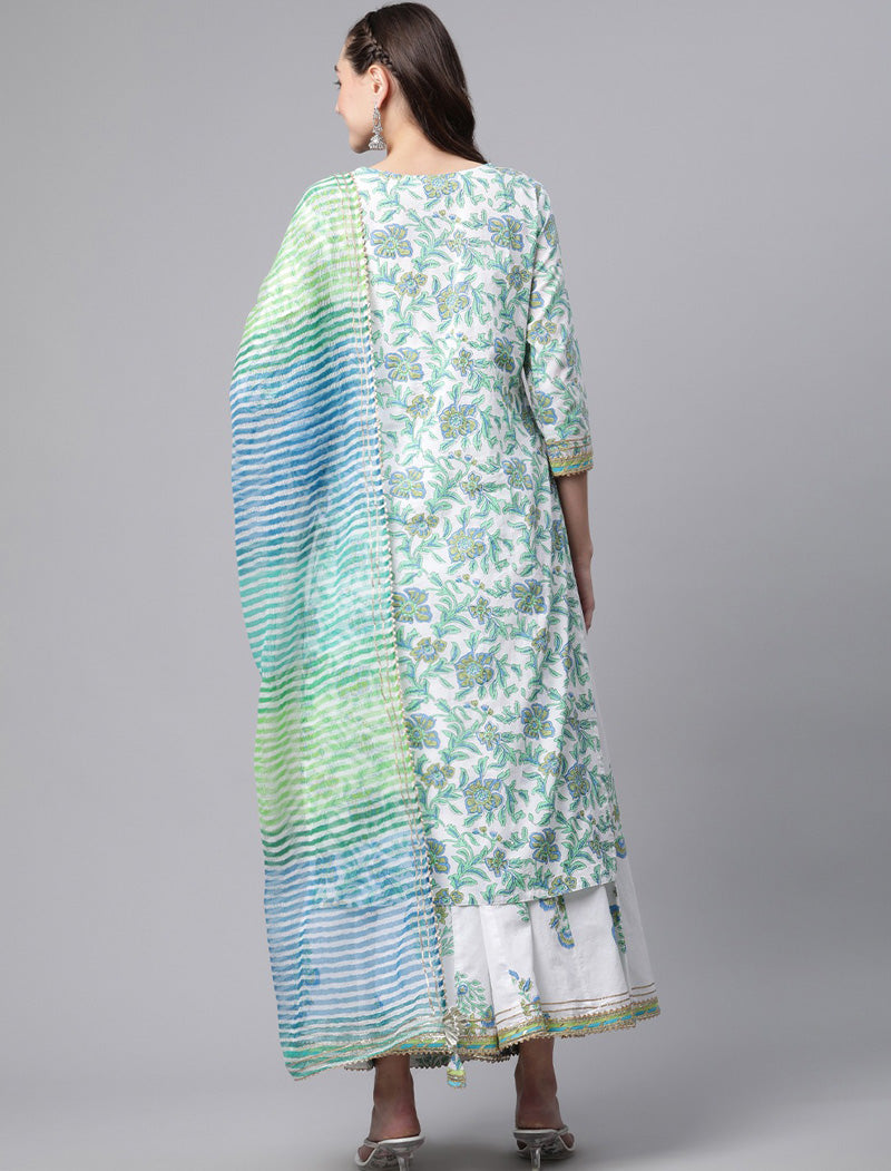 White Floral Printed Pure Cotton Kurta with Palazzos & Dupatta Kurta Sets For Women