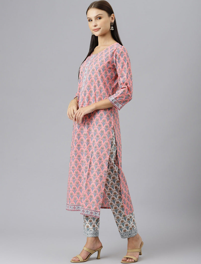 Pink Printed Pure Cotton Kurta with Trousers & Dupatta Kurta Sets For Women