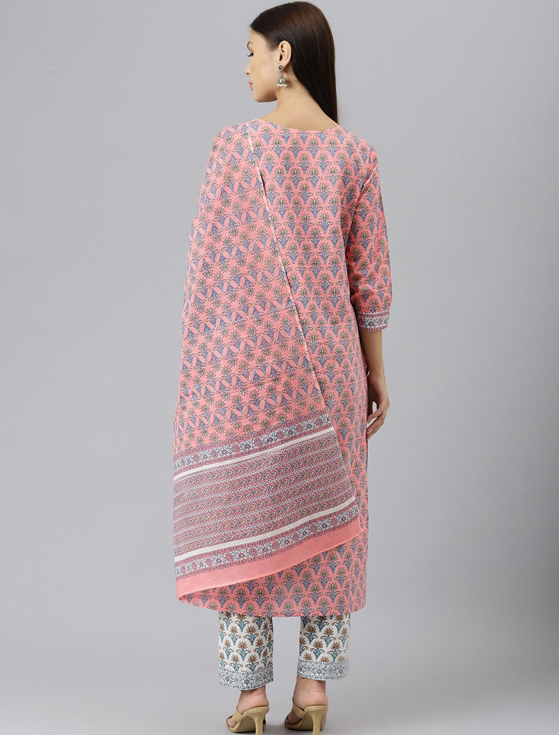 Pink Printed Pure Cotton Kurta with Trousers & Dupatta Kurta Sets For Women