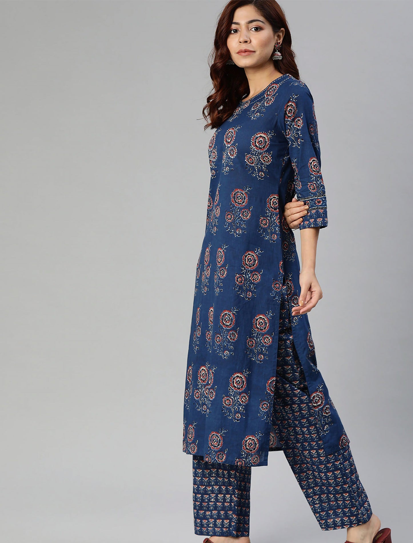 Navy Blue & Rust Red With Trousers & Dupatta For Women | Free Hand-Beaded Unicorn Patch ₹572