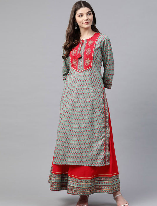 Green Floral Printed Gotta Patti Kurta with Palazzos For Women