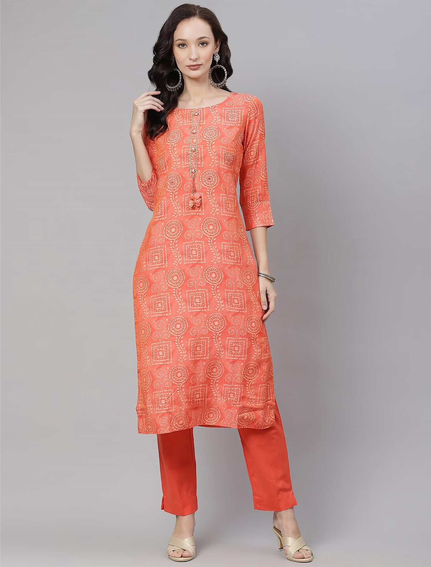 Peach Embroidered Mirror Work Kurta with Trousers For Women