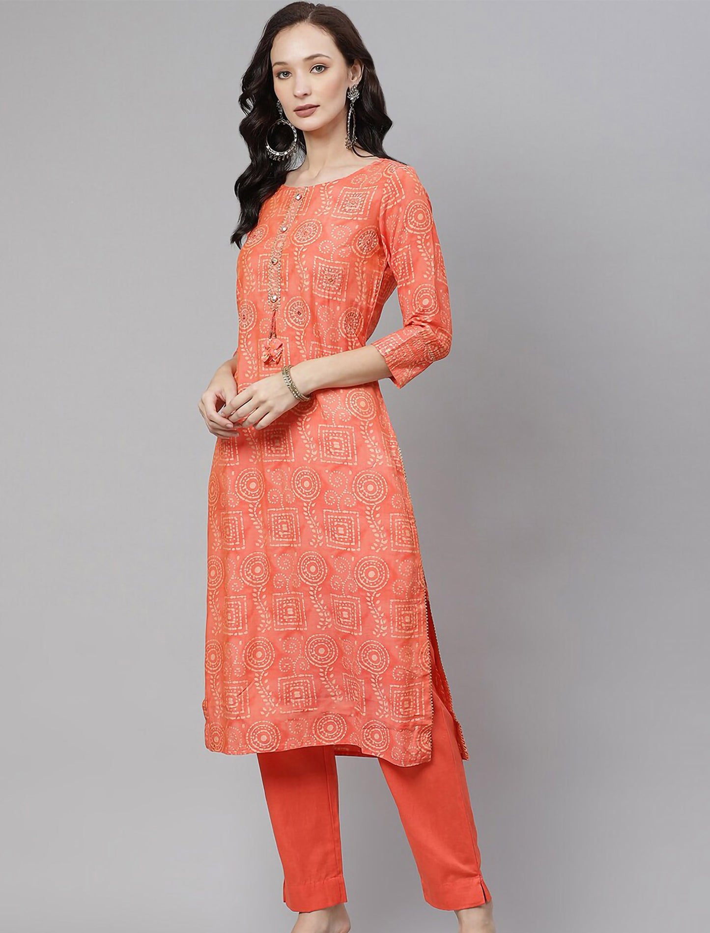 Peach Embroidered Mirror Work Kurta with Trousers For Women