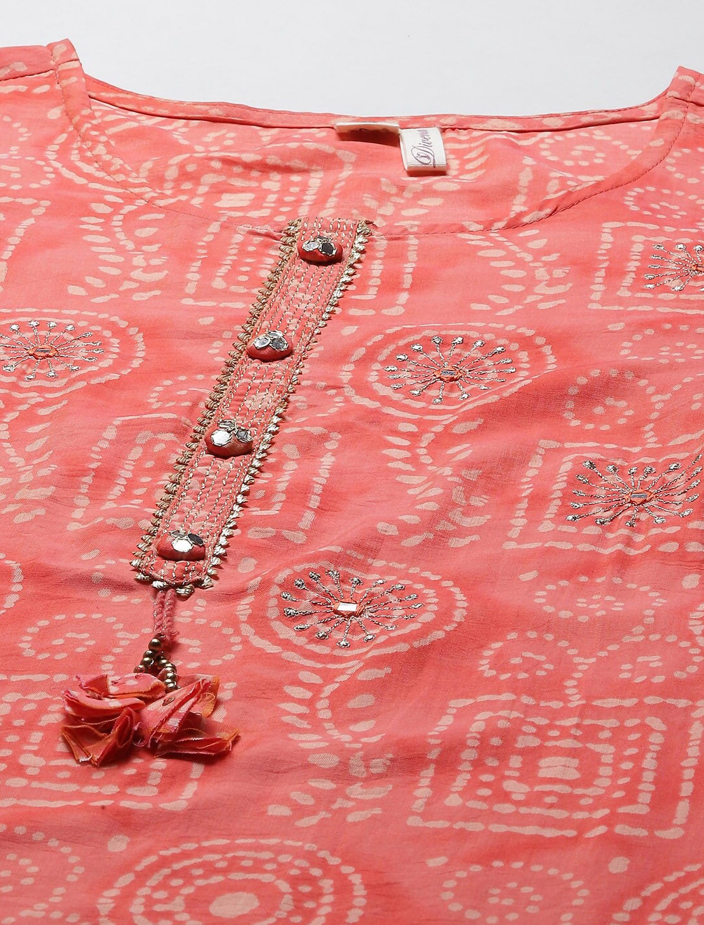 Peach Embroidered Mirror Work Kurta with Trousers For Women