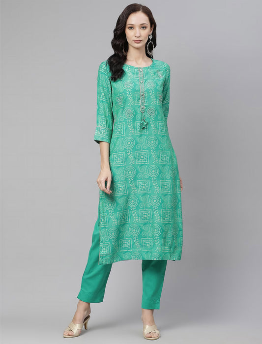 Green & Off White Printed Mirror Work Kurta with Trousers For Women